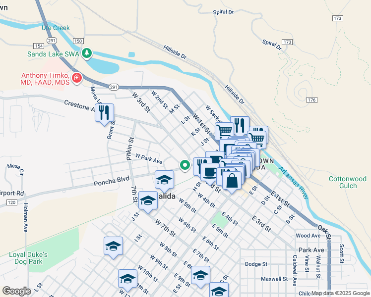 map of restaurants, bars, coffee shops, grocery stores, and more near 528 West 3rd Street in Salida