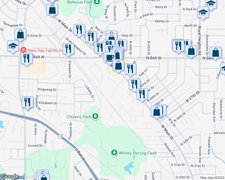 map of restaurants, bars, coffee shops, grocery stores, and more near 21 South 44th Street in Belleville