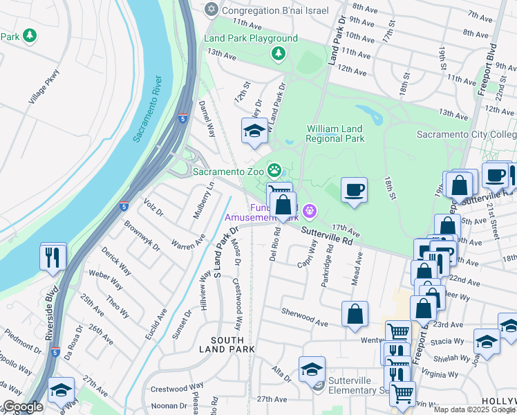 map of restaurants, bars, coffee shops, grocery stores, and more near 1320 Sutterville Road in Sacramento