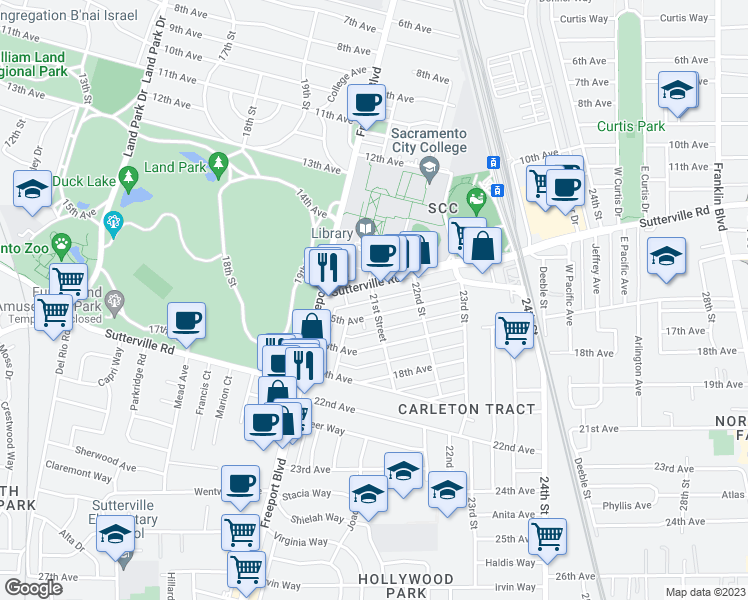 map of restaurants, bars, coffee shops, grocery stores, and more near 21st Street & Sutterville Road 15th Avenue Alley in Sacramento