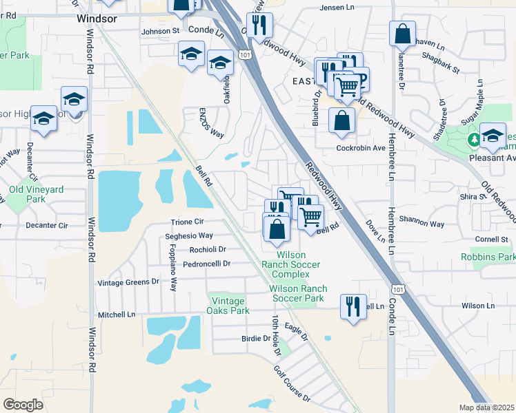 map of restaurants, bars, coffee shops, grocery stores, and more near 1043 Maple Drive in Windsor
