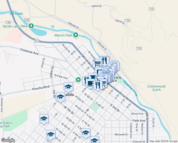 map of restaurants, bars, coffee shops, grocery stores, and more near 417 West 1st Street in Salida