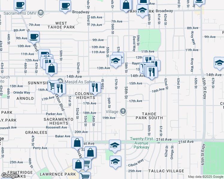 map of restaurants, bars, coffee shops, grocery stores, and more near 4015 57th Street in Sacramento