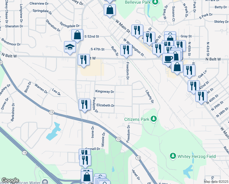 map of restaurants, bars, coffee shops, grocery stores, and more near 101 Kingsway Drive in Belleville