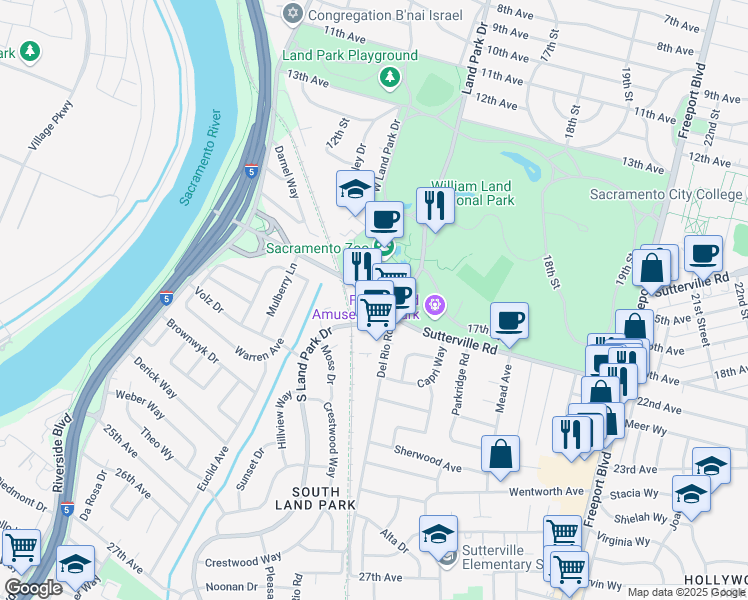 map of restaurants, bars, coffee shops, grocery stores, and more near 1320 Sutterville Road in Sacramento