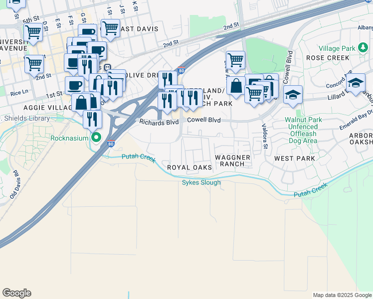 map of restaurants, bars, coffee shops, grocery stores, and more near 181 Gay Way in Davis