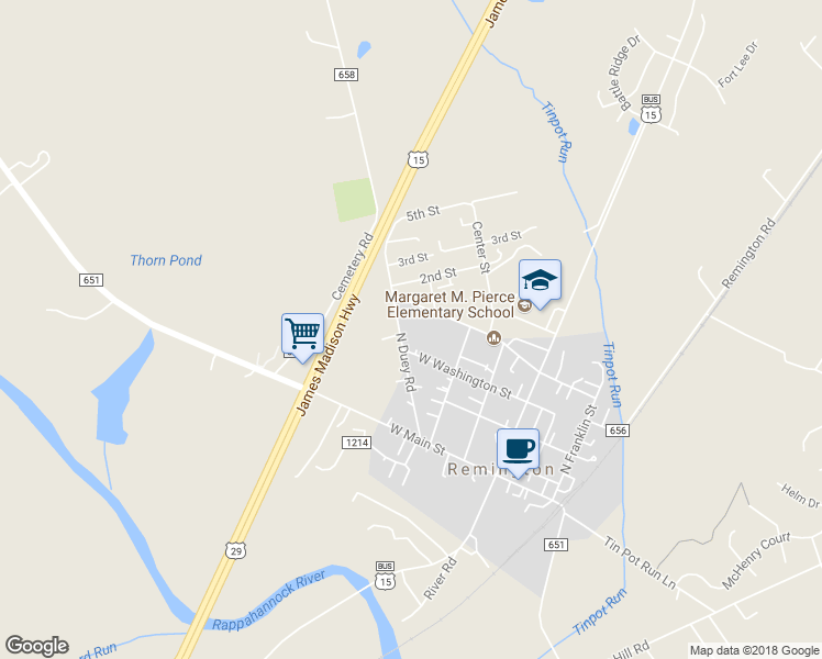 map of restaurants, bars, coffee shops, grocery stores, and more near 403 North Duey Road in Remington