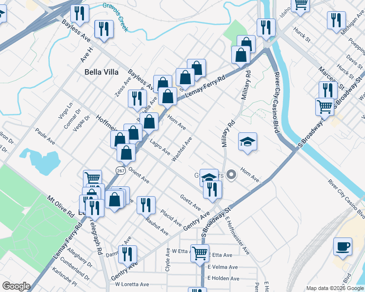 map of restaurants, bars, coffee shops, grocery stores, and more near 601 Weiss Avenue in Saint Louis