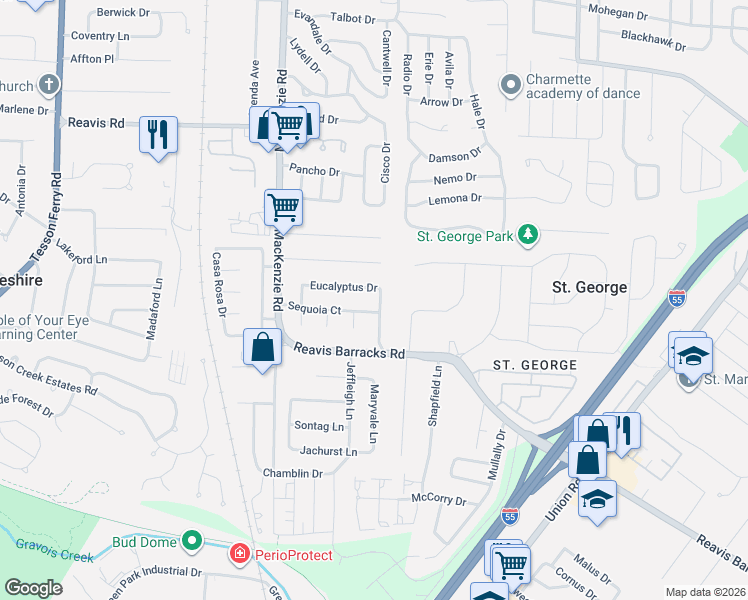 map of restaurants, bars, coffee shops, grocery stores, and more near 9909 Lacewood Drive in Affton