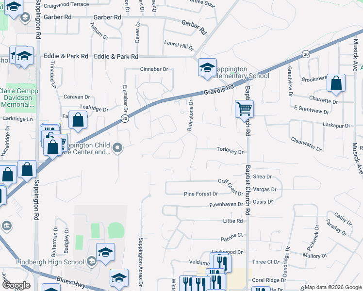 map of restaurants, bars, coffee shops, grocery stores, and more near 11207 Claywood Drive in Sappington