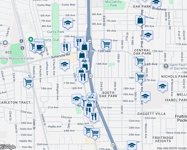 map of restaurants, bars, coffee shops, grocery stores, and more near 4054 Sumac Lane in Sacramento