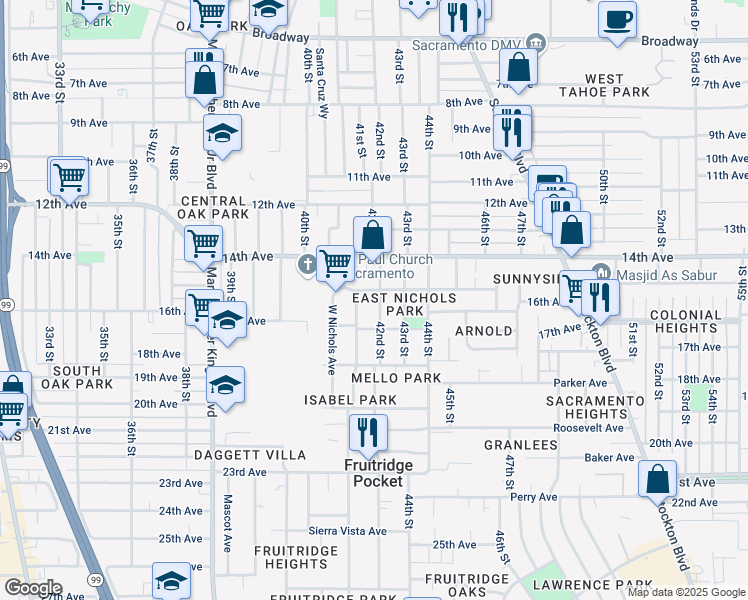map of restaurants, bars, coffee shops, grocery stores, and more near 4004 42nd Street in Sacramento