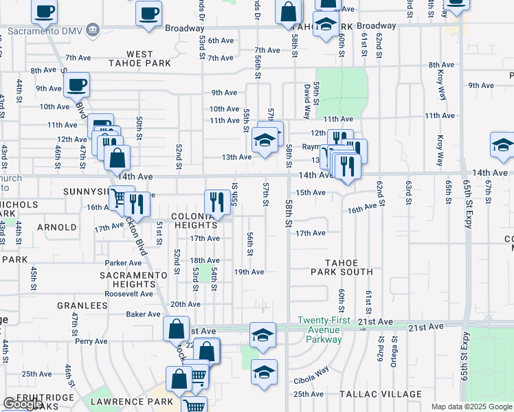 map of restaurants, bars, coffee shops, grocery stores, and more near 4015 57th Street in Sacramento