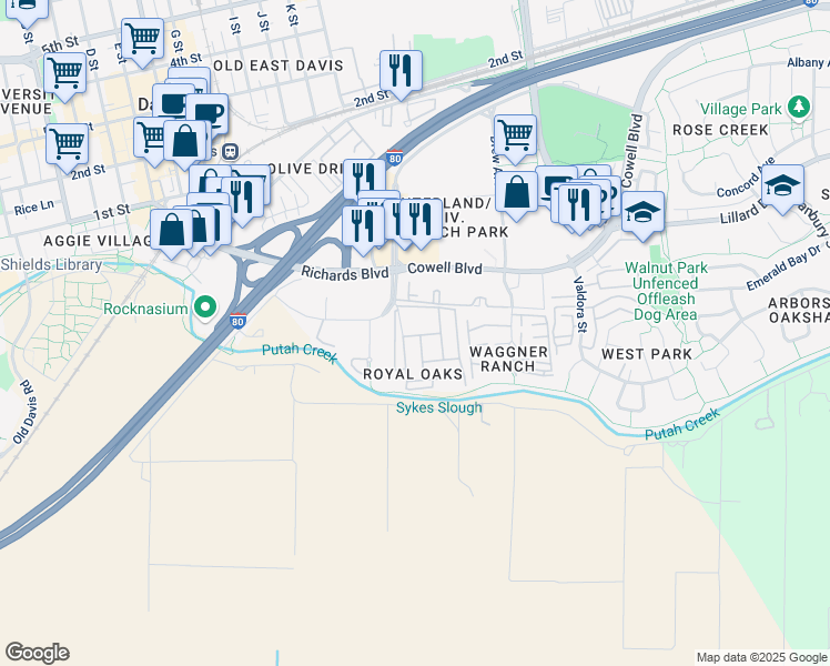 map of restaurants, bars, coffee shops, grocery stores, and more near 181 Gay Way in Davis