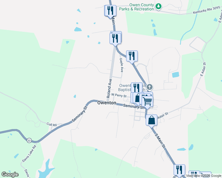 map of restaurants, bars, coffee shops, grocery stores, and more near 227 Roland Avenue in Owenton