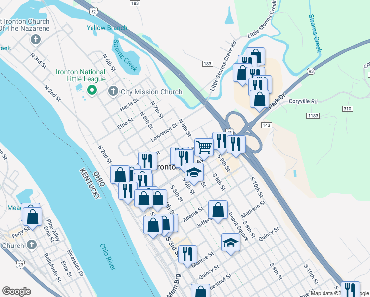 map of restaurants, bars, coffee shops, grocery stores, and more near 107 North 7th Street in Ironton