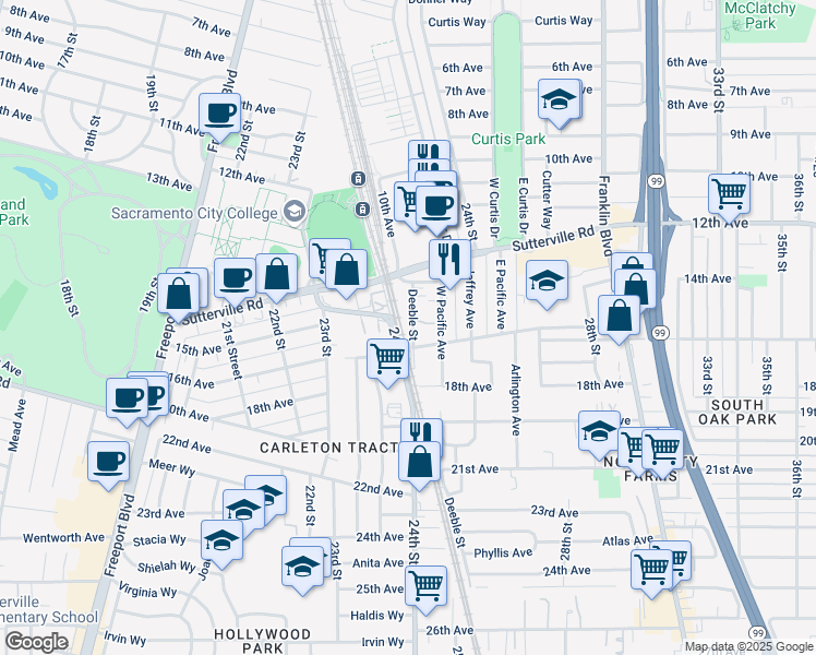 map of restaurants, bars, coffee shops, grocery stores, and more near 4080 Deeble Street in Sacramento