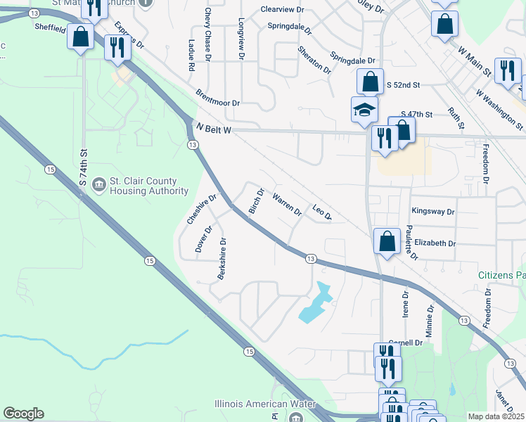 map of restaurants, bars, coffee shops, grocery stores, and more near 6301 Old Saint Louis Road in Belleville