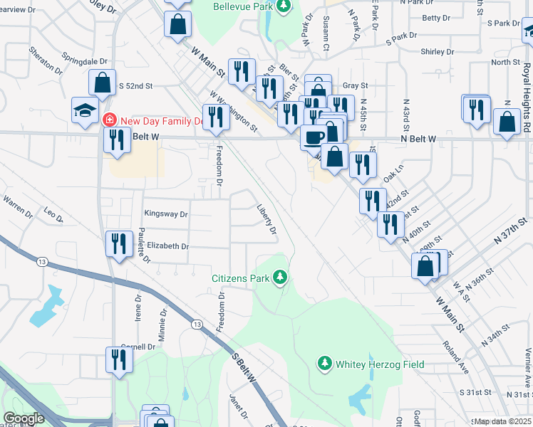 map of restaurants, bars, coffee shops, grocery stores, and more near 160 Liberty Drive in Belleville