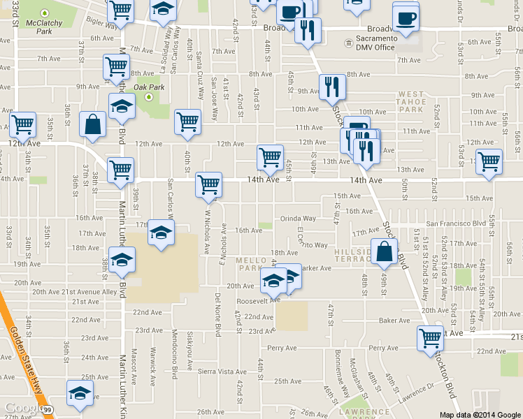 map of restaurants, bars, coffee shops, grocery stores, and more near 4011 43rd Street in Sacramento