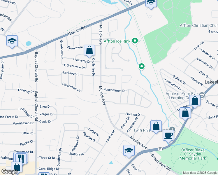 map of restaurants, bars, coffee shops, grocery stores, and more near 10537 Roscommon Drive in St. Louis