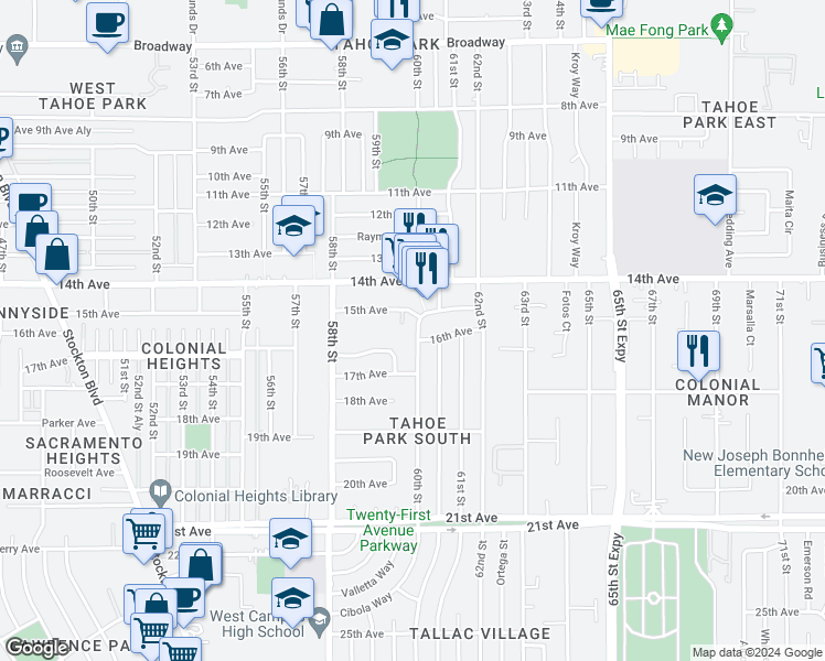 map of restaurants, bars, coffee shops, grocery stores, and more near 4020 60th Street in Sacramento