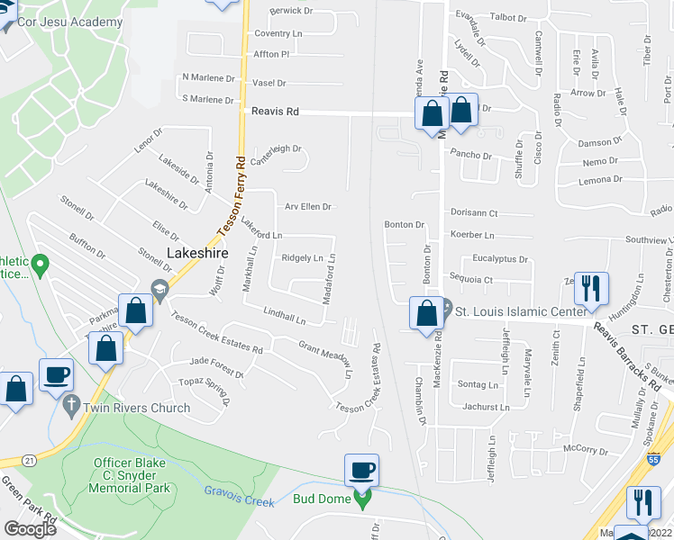 map of restaurants, bars, coffee shops, grocery stores, and more near 9932 Madaford Lane in Affton
