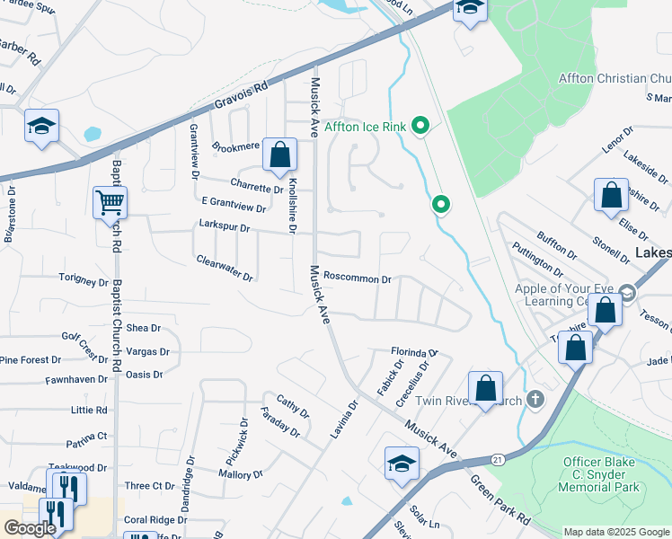 map of restaurants, bars, coffee shops, grocery stores, and more near 10537 Roscommon Drive in St. Louis