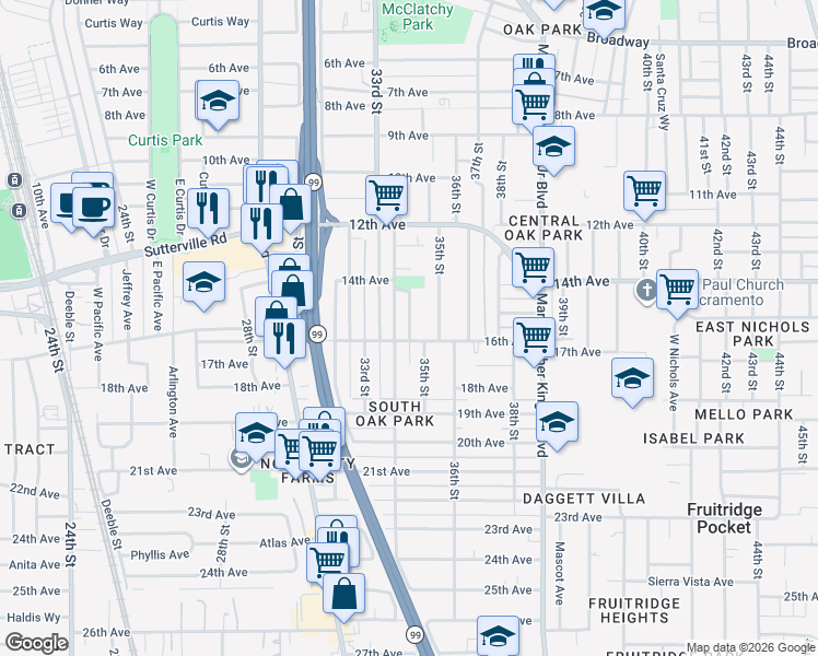 map of restaurants, bars, coffee shops, grocery stores, and more near 4050b Temple Avenue in Sacramento
