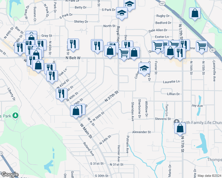 map of restaurants, bars, coffee shops, grocery stores, and more near 438 North 38th Street in Belleville