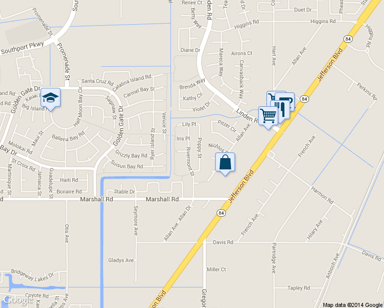 map of restaurants, bars, coffee shops, grocery stores, and more near 3245 Rivermont St in West Sacramento