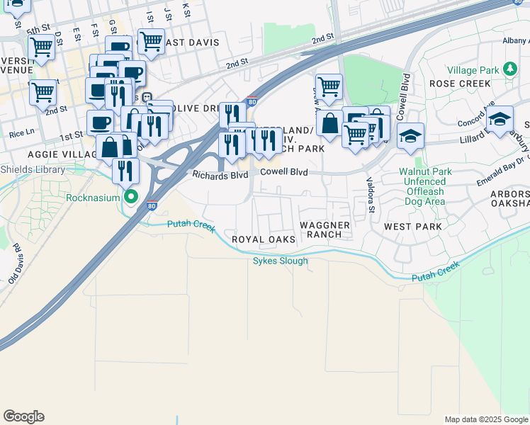 map of restaurants, bars, coffee shops, grocery stores, and more near 181 Gay Way in Davis