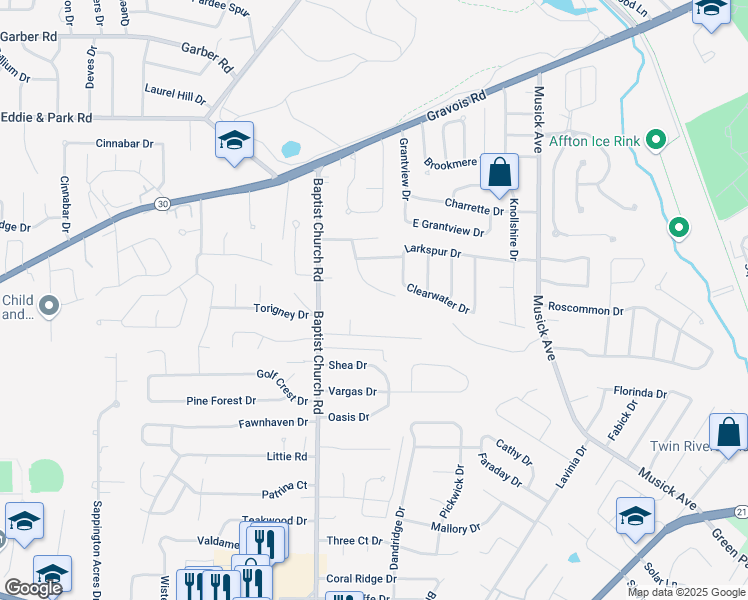 map of restaurants, bars, coffee shops, grocery stores, and more near 9963 Clearwater Drive in St. Louis