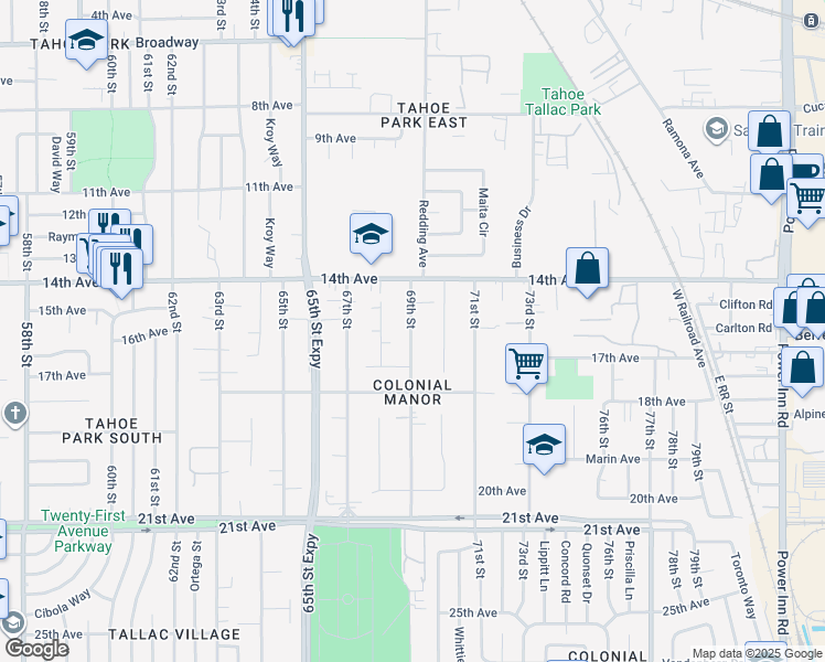 map of restaurants, bars, coffee shops, grocery stores, and more near 4095 69th Street in Sacramento