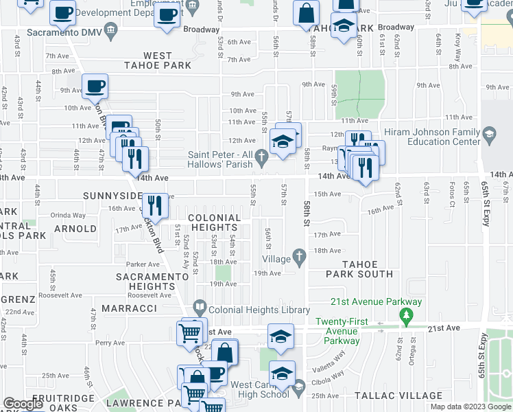 map of restaurants, bars, coffee shops, grocery stores, and more near 4021 55th Street in Sacramento