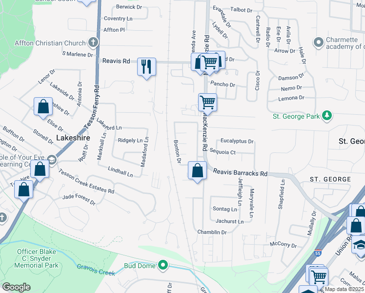 map of restaurants, bars, coffee shops, grocery stores, and more near 9618 Myra Court in Affton