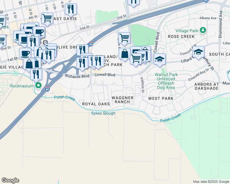 map of restaurants, bars, coffee shops, grocery stores, and more near 1046 Greek Court in Davis
