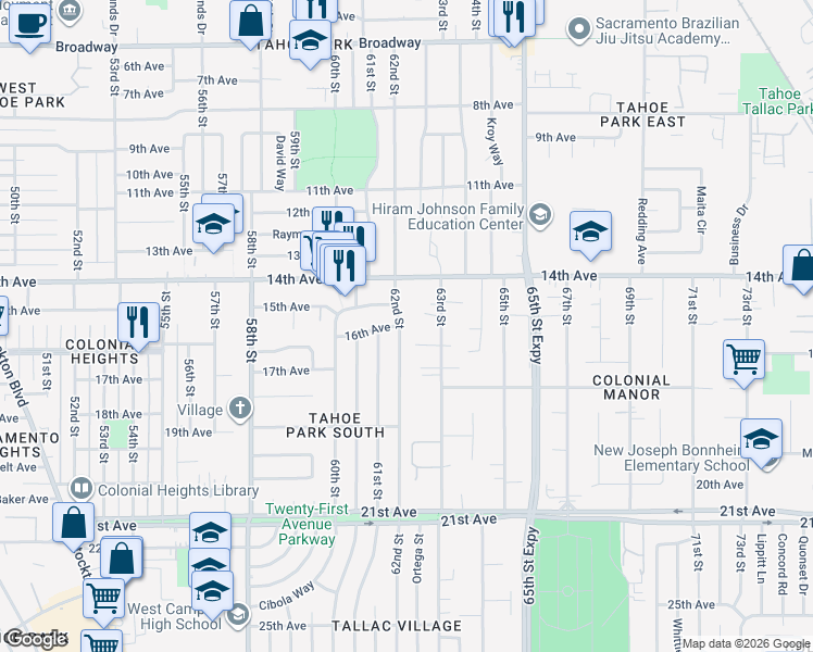 map of restaurants, bars, coffee shops, grocery stores, and more near 4041 62nd Street in Sacramento