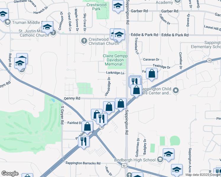 map of restaurants, bars, coffee shops, grocery stores, and more near 9362 Hazelridge Drive in St. Louis