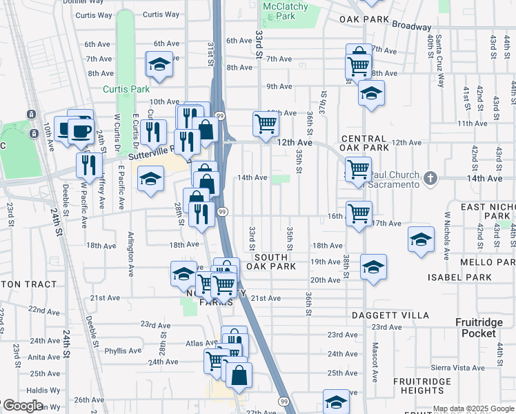 map of restaurants, bars, coffee shops, grocery stores, and more near 4016 33rd Street in Sacramento