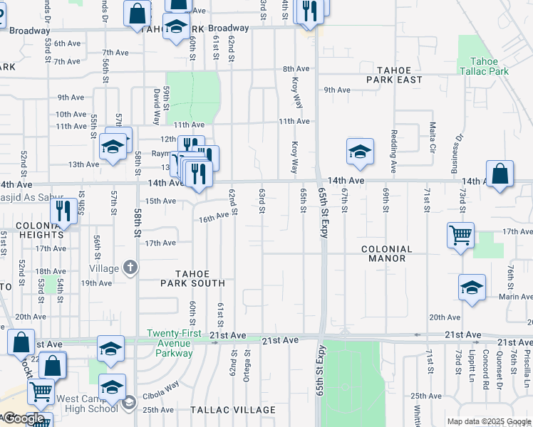 map of restaurants, bars, coffee shops, grocery stores, and more near 4081 63rd Street in Sacramento