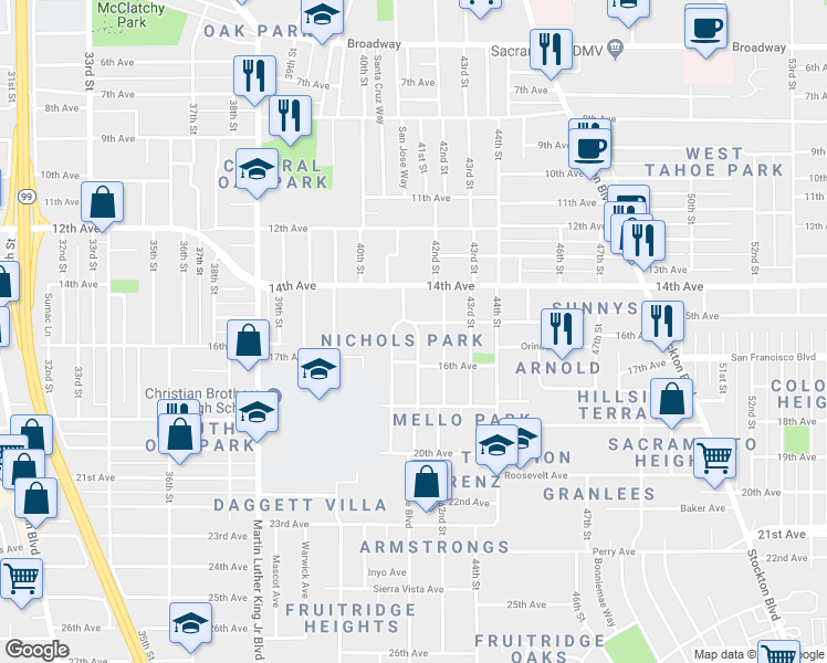 map of restaurants, bars, coffee shops, grocery stores, and more near 4006 East Nichols Avenue in Sacramento