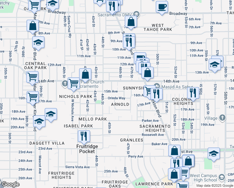 map of restaurants, bars, coffee shops, grocery stores, and more near 4520 15th Avenue in Sacramento