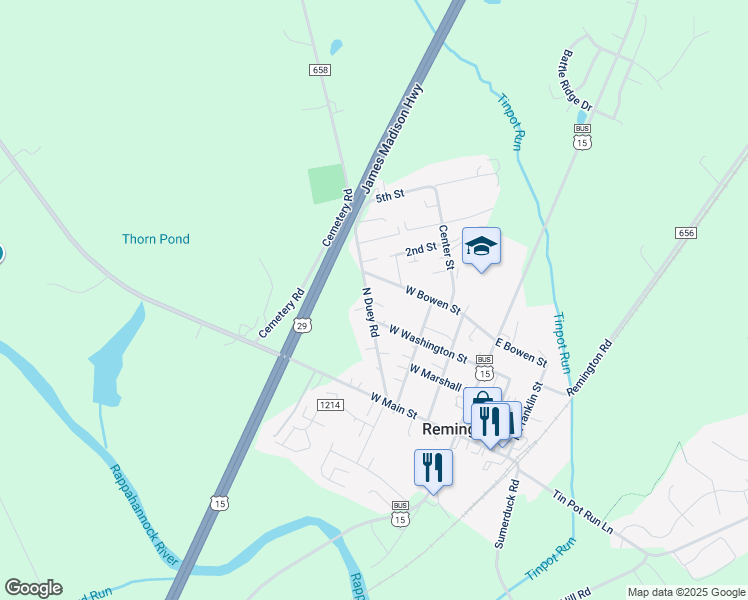 map of restaurants, bars, coffee shops, grocery stores, and more near 403 North Duey Road in Remington