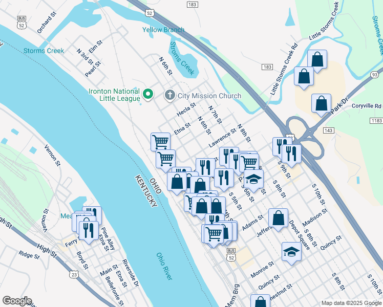 map of restaurants, bars, coffee shops, grocery stores, and more near 405 Lawrence Street in Ironton