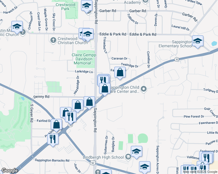 map of restaurants, bars, coffee shops, grocery stores, and more near 9862 Aleppo Drive in Sappington