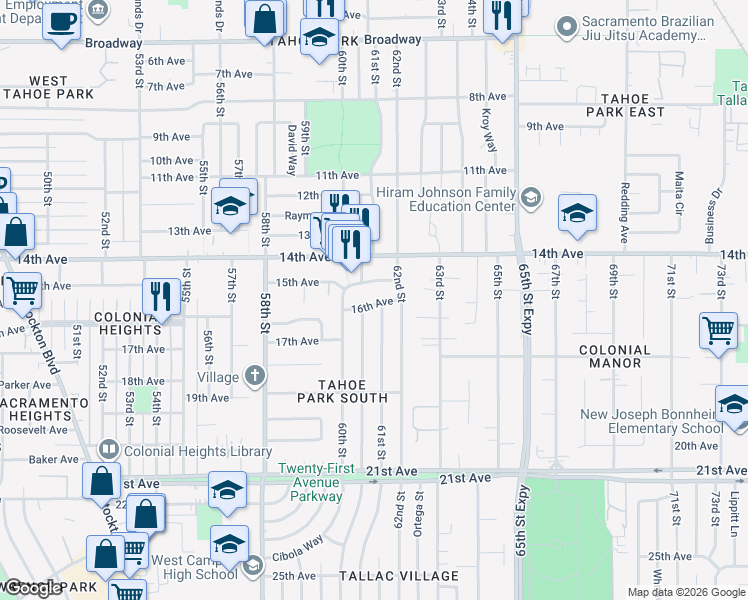 map of restaurants, bars, coffee shops, grocery stores, and more near 6061 16th Avenue in Sacramento