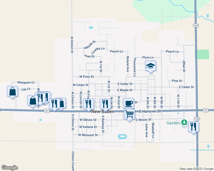 map of restaurants, bars, coffee shops, grocery stores, and more near 217 N 1st St in New Baden
