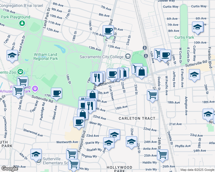 map of restaurants, bars, coffee shops, grocery stores, and more near 2076 Sutterville Road in Sacramento