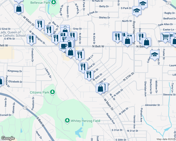 map of restaurants, bars, coffee shops, grocery stores, and more near 4 North 42nd Street in Belleville
